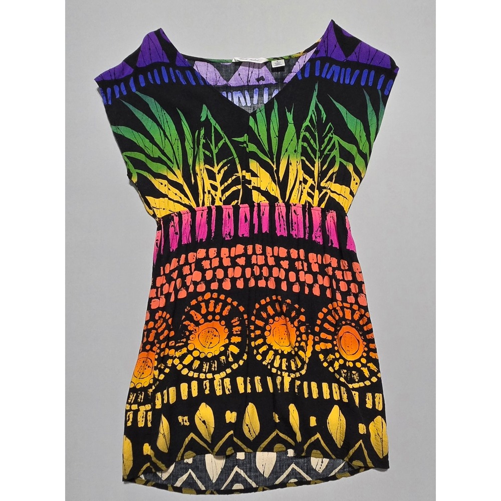 Derek Heart Batik Rainbow Tunic Top Womens Small Black Multi Rayon Boho